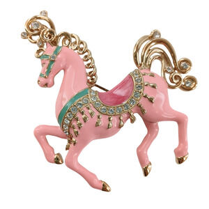 Bob Mackie Pink Carousel Ponny Horse Pin Brooch Rhinestone Gold Tone Rare